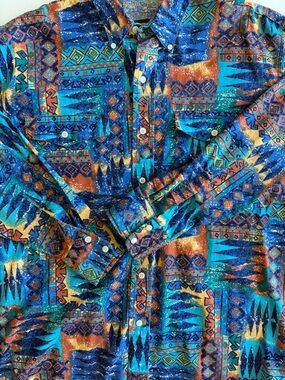 Wrangler Frontier Series Geometric Western Shirt Blue Orange L Vintage